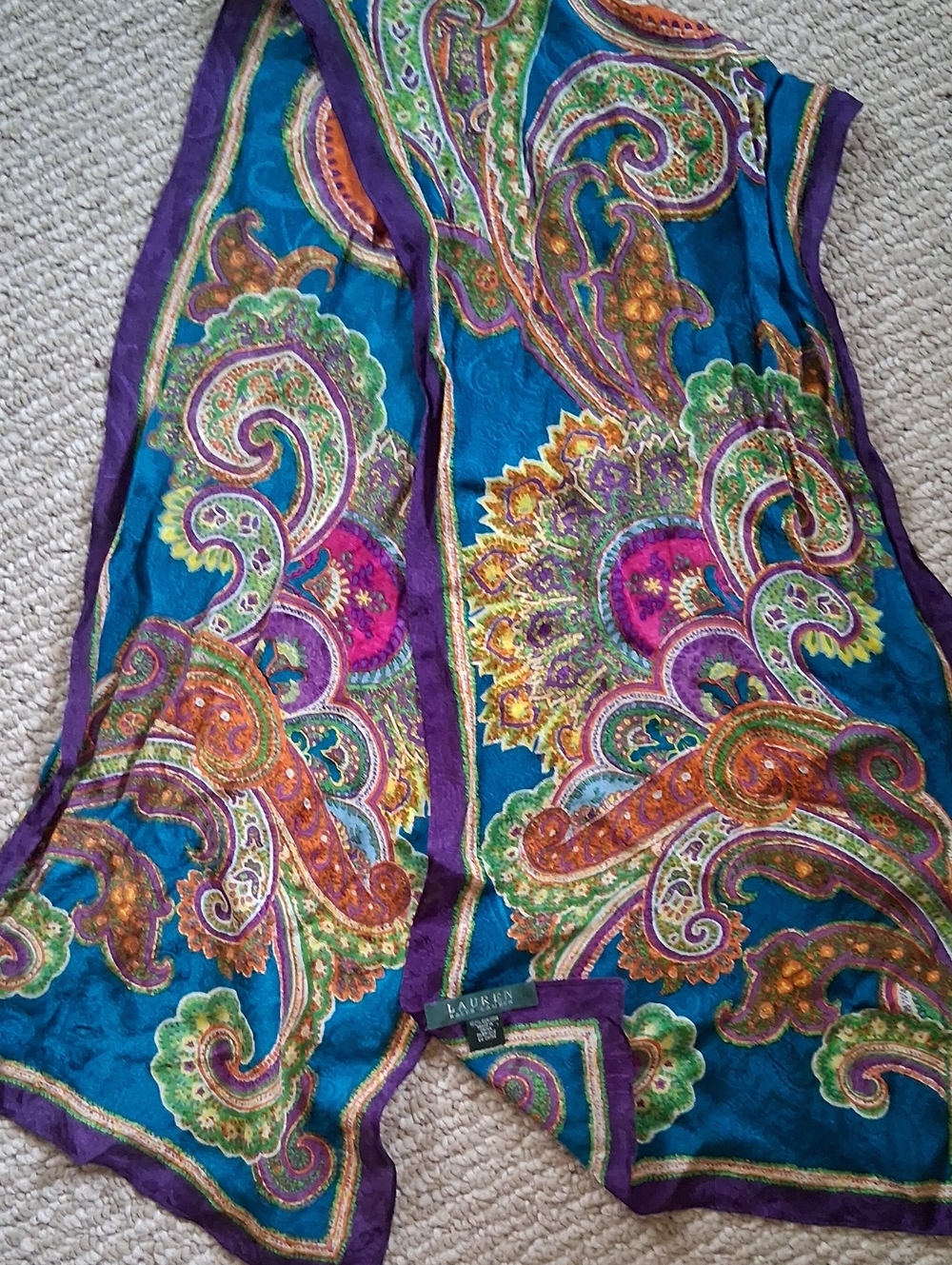 Ralph Lauren Teal Paisley Silk Scarf with Purple Trim